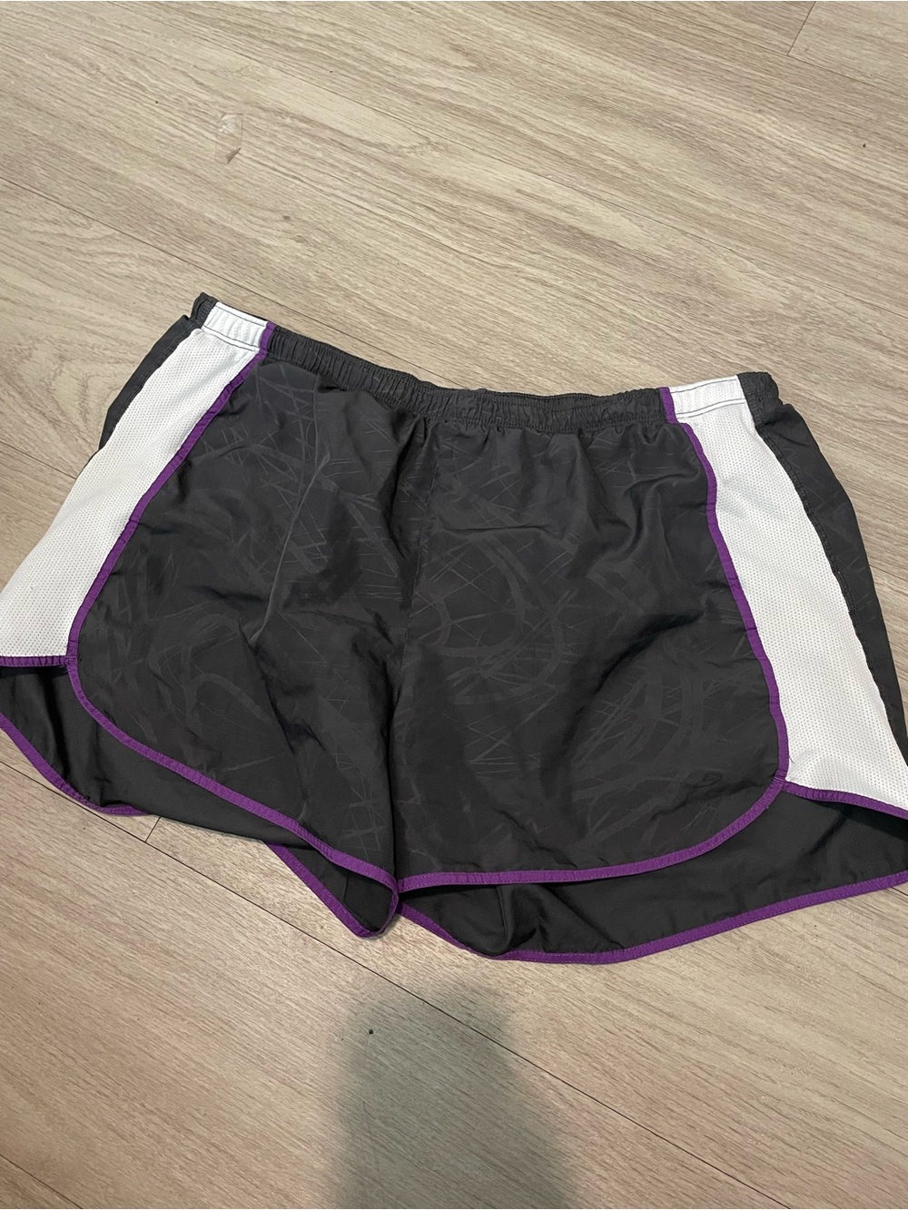 Champion Black Athletic Shorts with White Panels and Purple Piping